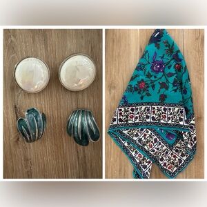 Vintage Floral Scarf w/ Vintage Clip on Earrings